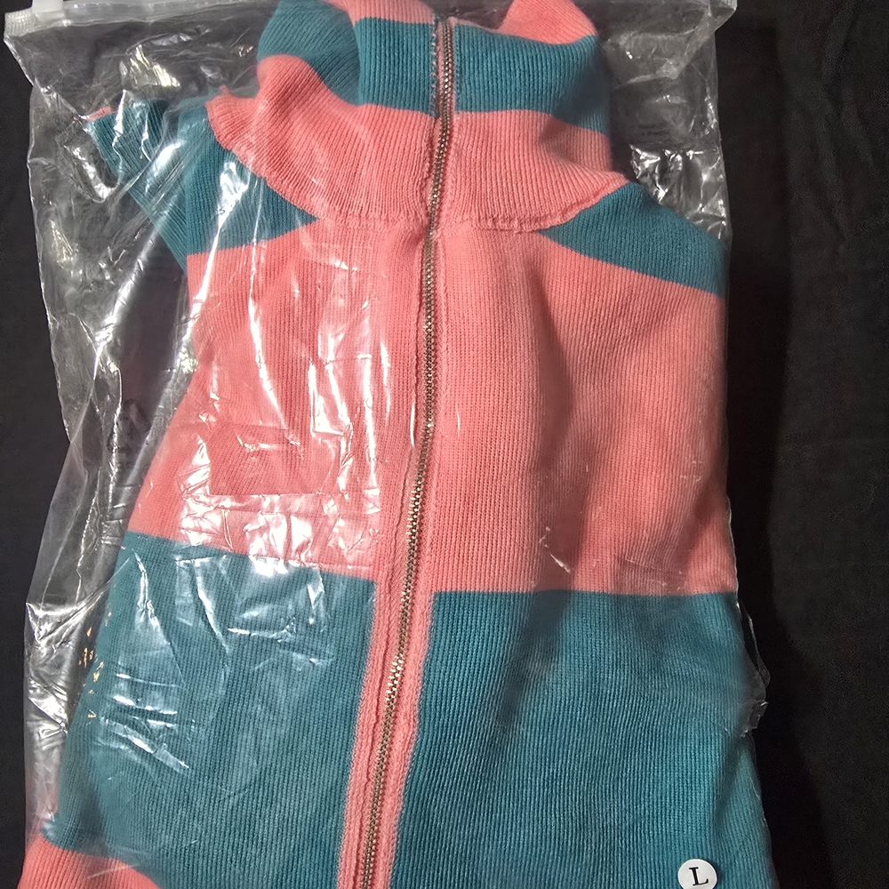 Women's Pink and Teal Striped Quarter Zip Sweater - Picture 2 of 3
